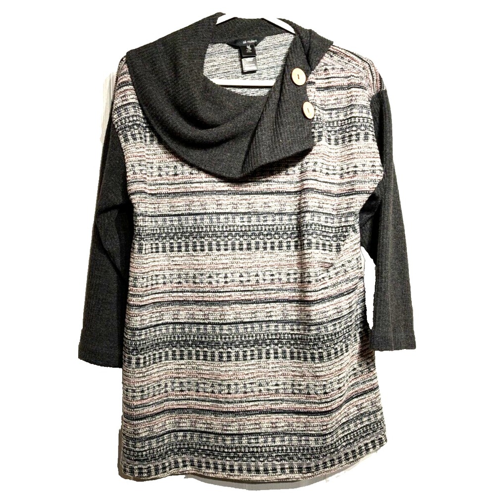 Ali Miles Aztec Southwest Button Cowl Neck 3/4 Sleeve Sweater Blouse Women Sz: M